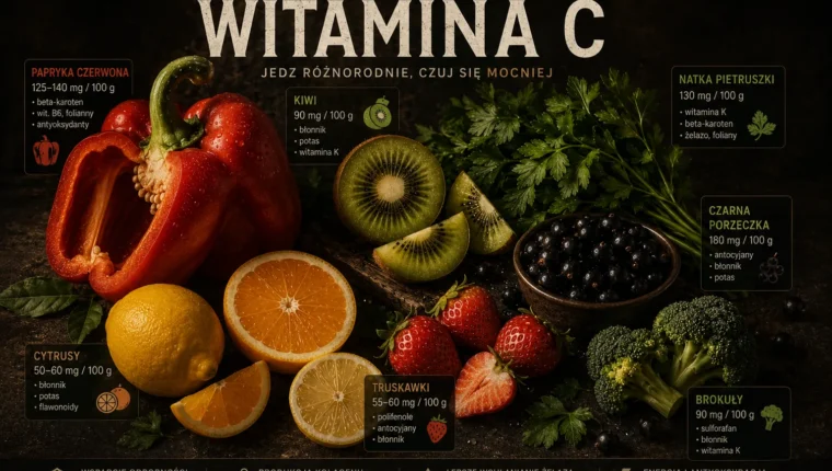 Naturalne źródła witaminy C: papryka, kiwi, natka pietruszki, czarna porzeczka i cytrusy