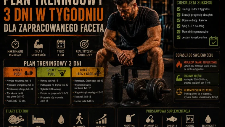 Plan treningowy 3 dni w tygodniu dla zapracowanego faceta - siłownia, progresja i regeneracja