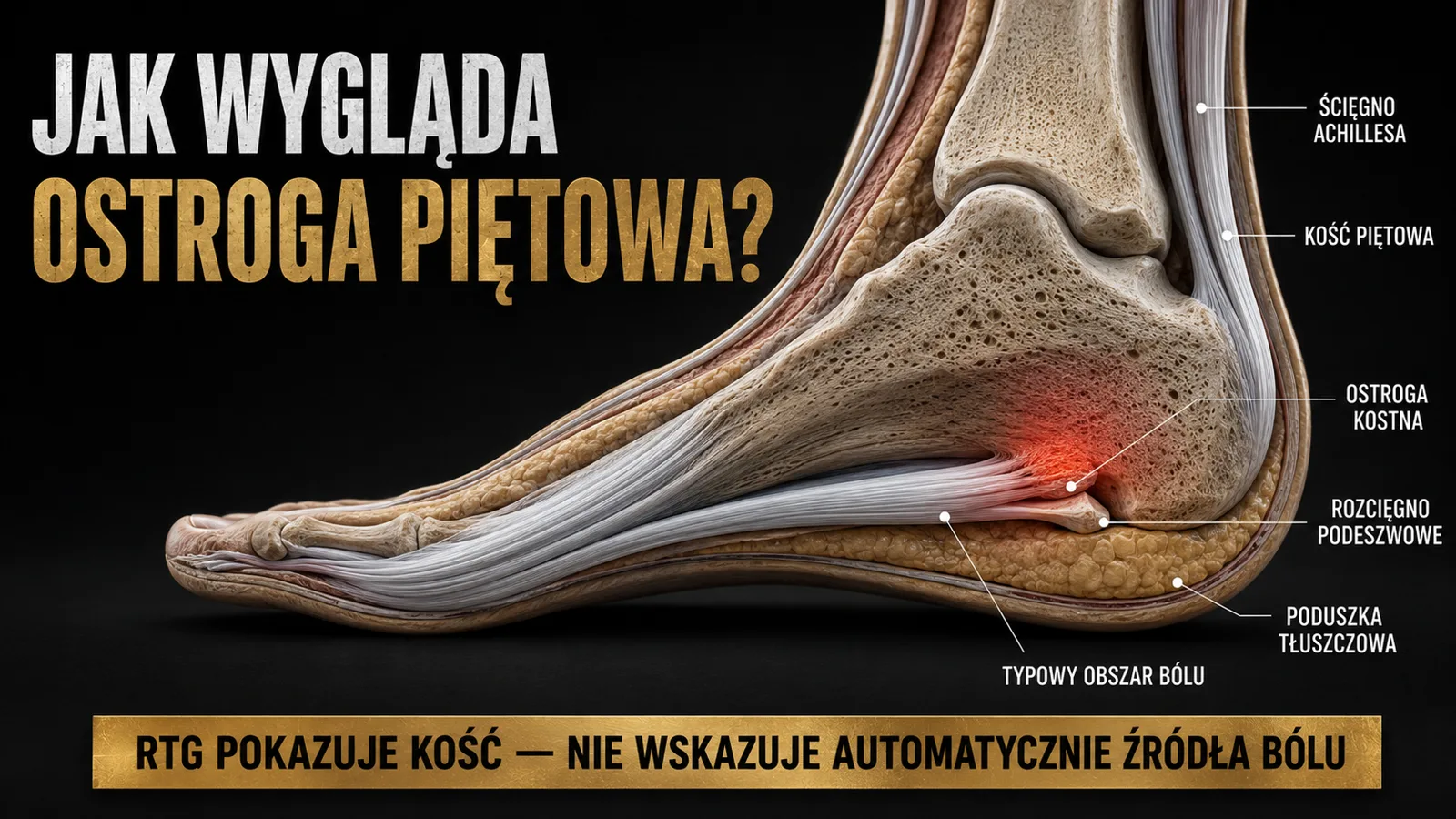 Schemat 3D ostrogi piętowej i rozcięgna podeszwowego