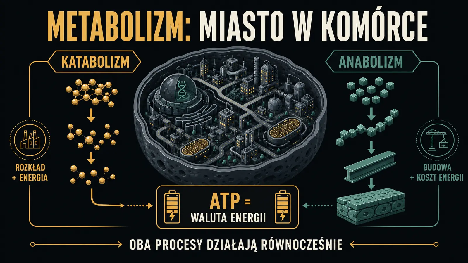 Infoplakat wyjaśniający metabolizm, anabolizm, katabolizm i rolę ATP