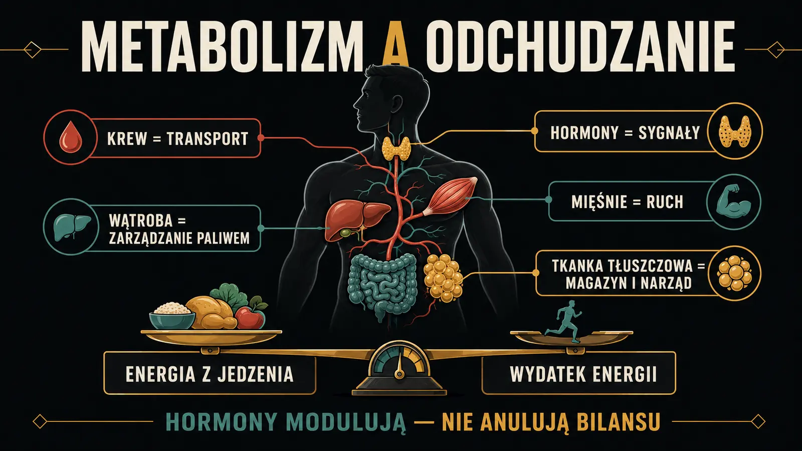 Infoplakat pokazujący wpływ wydatku energii, krwi i hormonów na odchudzanie