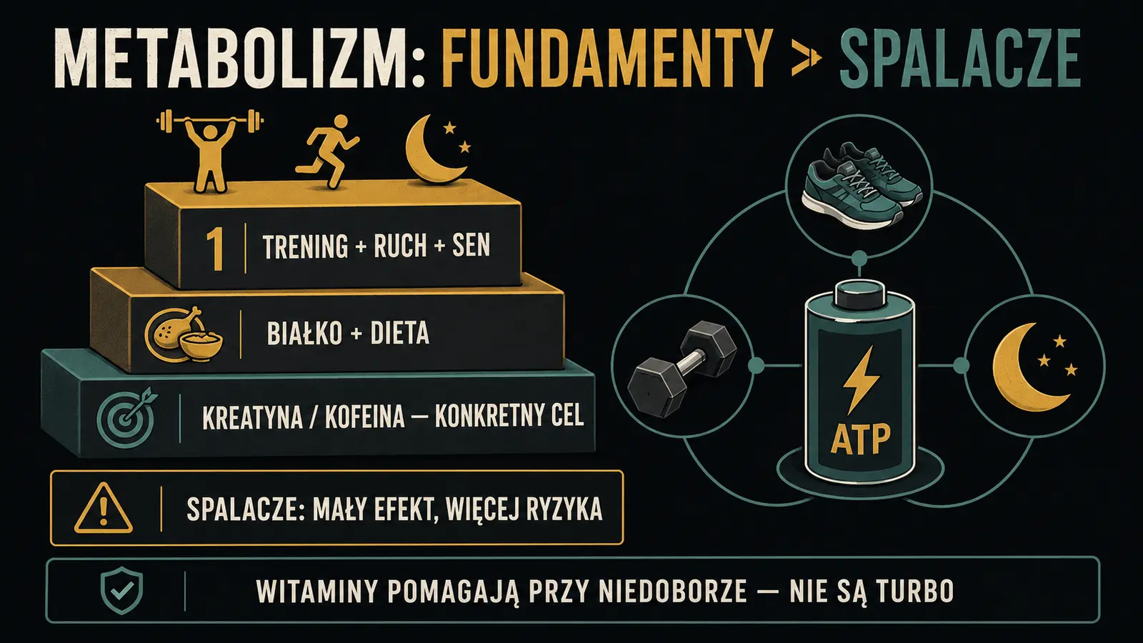 Infoplakat o wpływie treningu, witamin i suplementów na metabolizm
