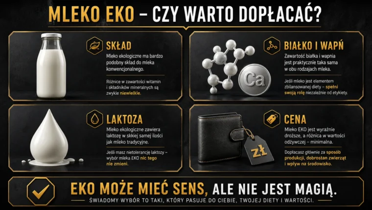 Infografika: mleko EKO czy warto dopłacać — skład, białko, wapń, laktoza i cena