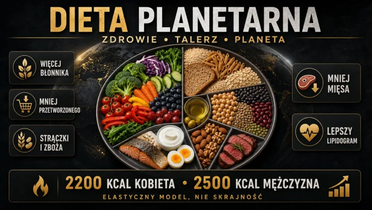 Dieta planetarna — talerz z warzywami, strączkami, pełnymi zbożami, rybą i małą porcją mięsa