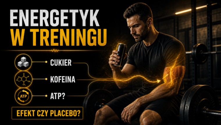 Infoplakat o energetyku w drugiej części treningu, cukrze, kofeinie, ATP i efekcie placebo