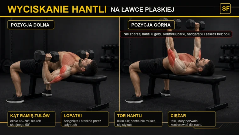 Mężczyzna wykonuje wyciskanie hantli na ławce płaskiej w pozycji dolnej i górnej z zaznaczoną pracą klatki, barków i tricepsów.